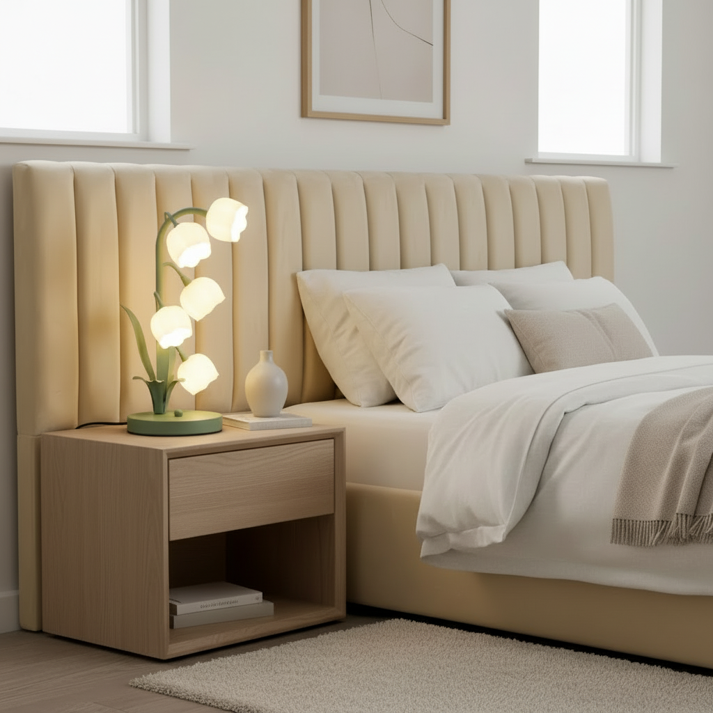 Floral tulip lamp on contemporary bedroom nightstand with minimalist decor