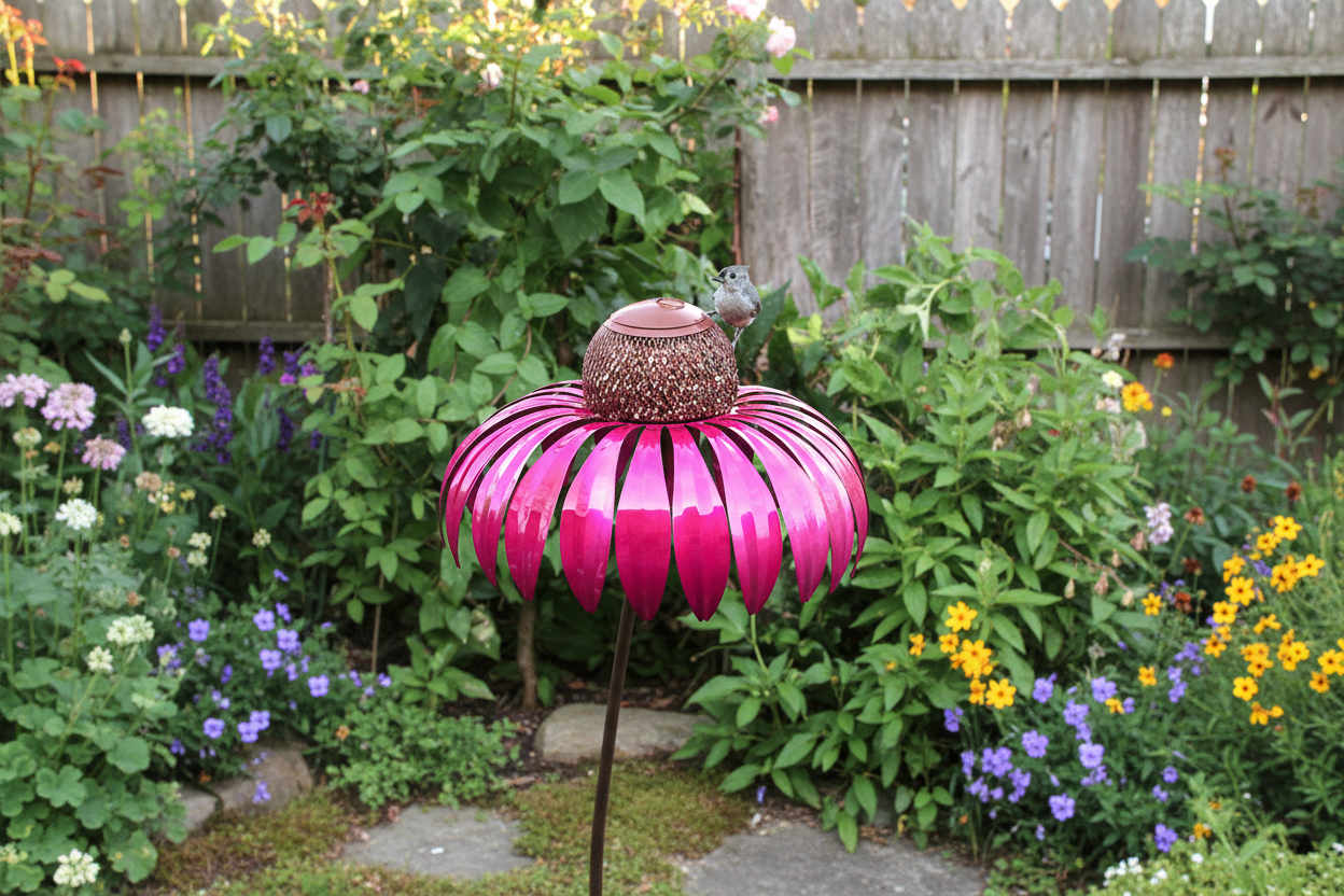Pink feeder in cottage garden