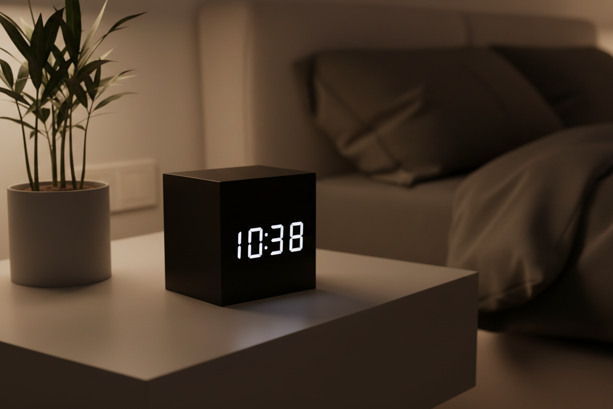 Black clock on bedside table