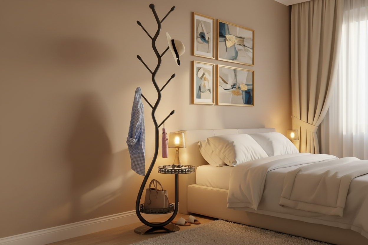 Black coat rack in bedroom