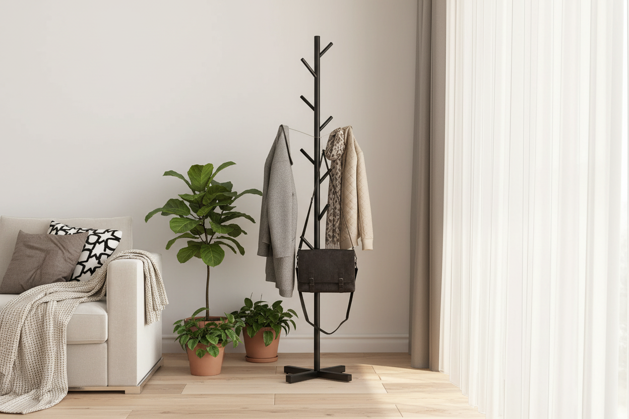 Black coat rack in living room