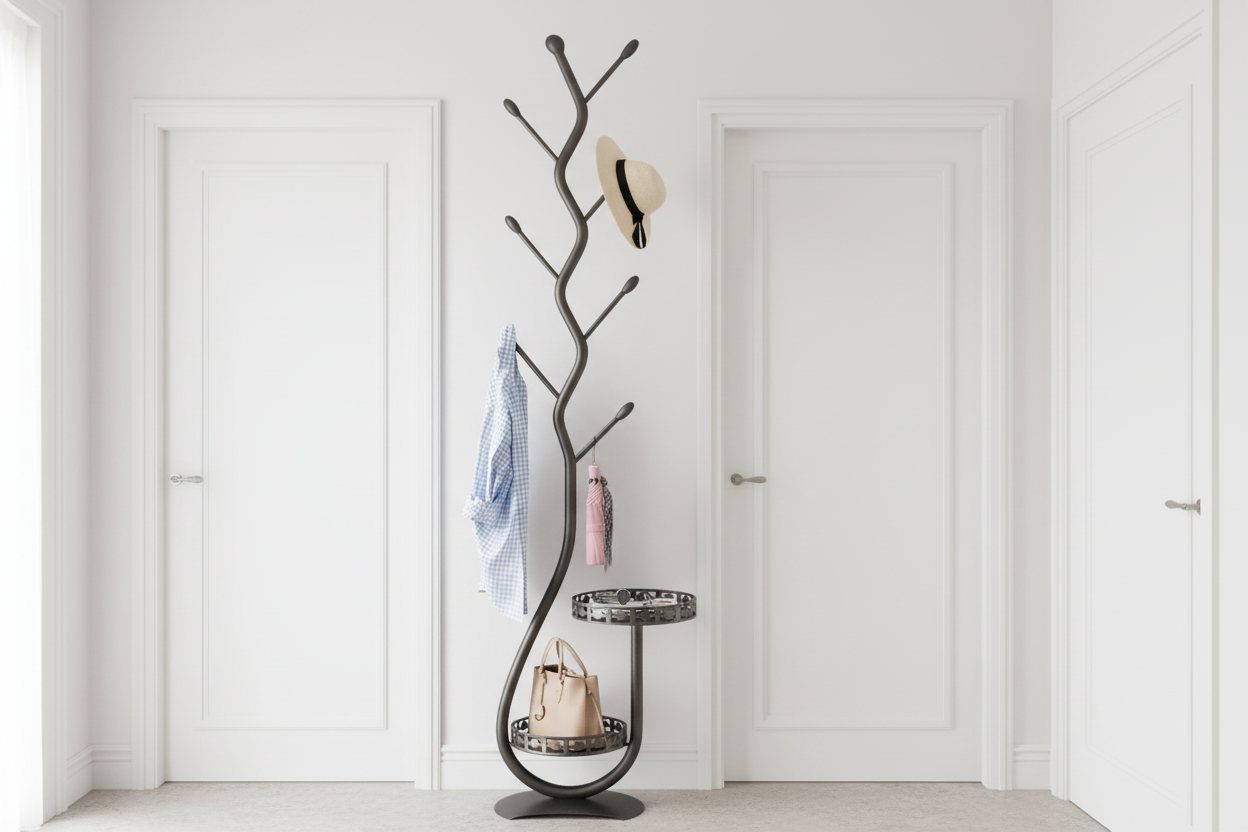 Black coat rack in minimalist entryway