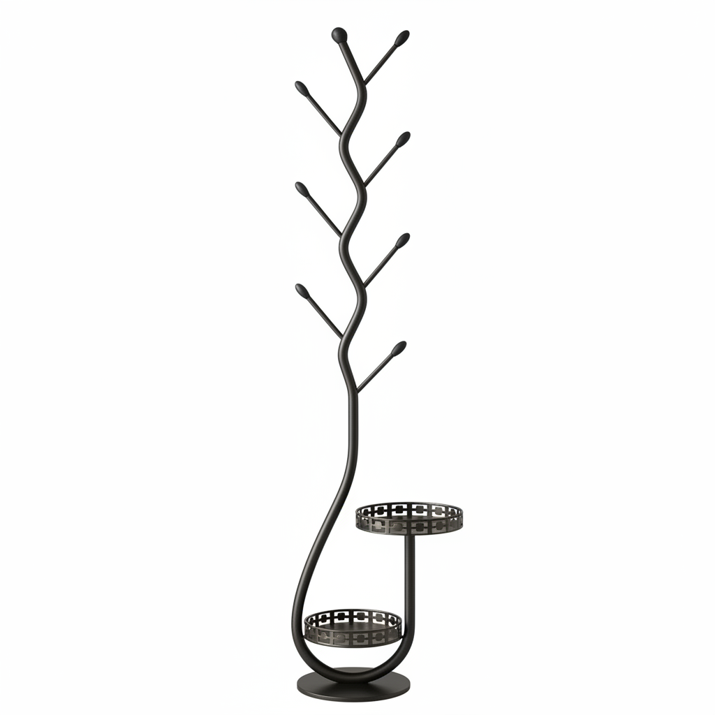 Black iron coat rack empty white background