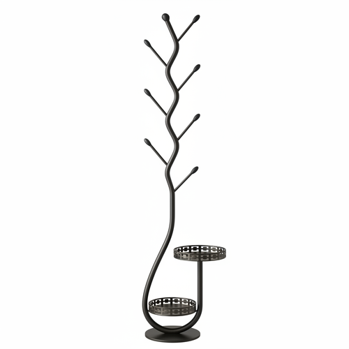 Black iron coat rack empty white background