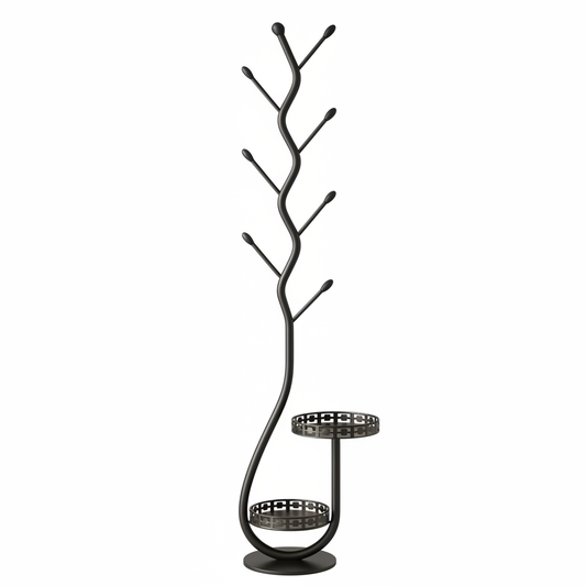 Black iron coat rack empty white background