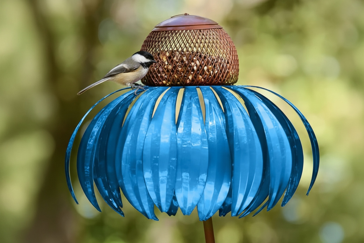 Blue feeder with birds