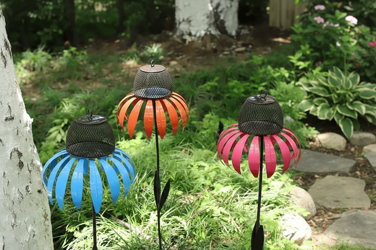 Blue, orange, and pink feeders together