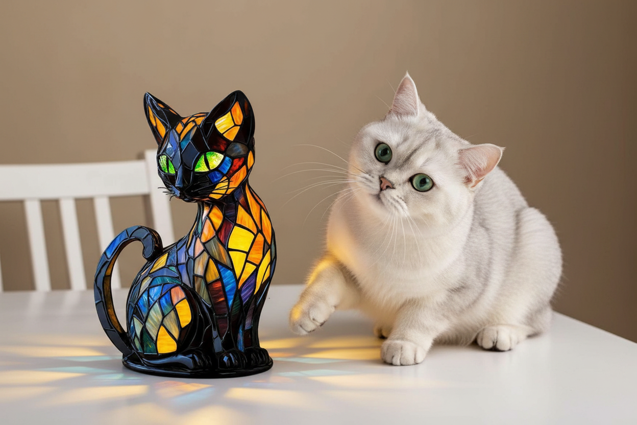 Cat lamp with real white cat