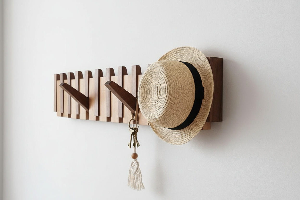 Coat rack with hat on grey wall