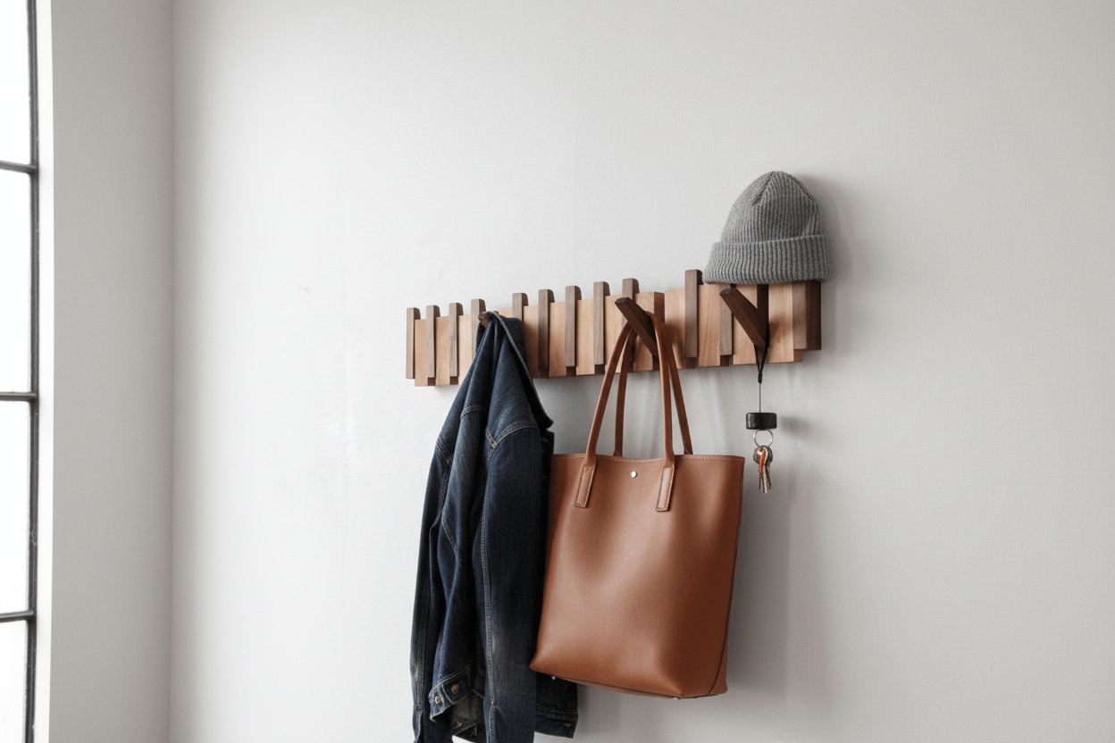 Coat rack with jacket on grey wall