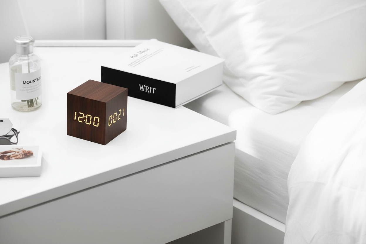 Dark brown clock on nightstand