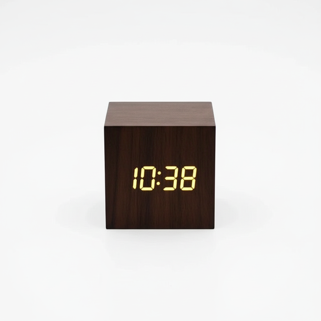 Dark brown wood LED clock white background