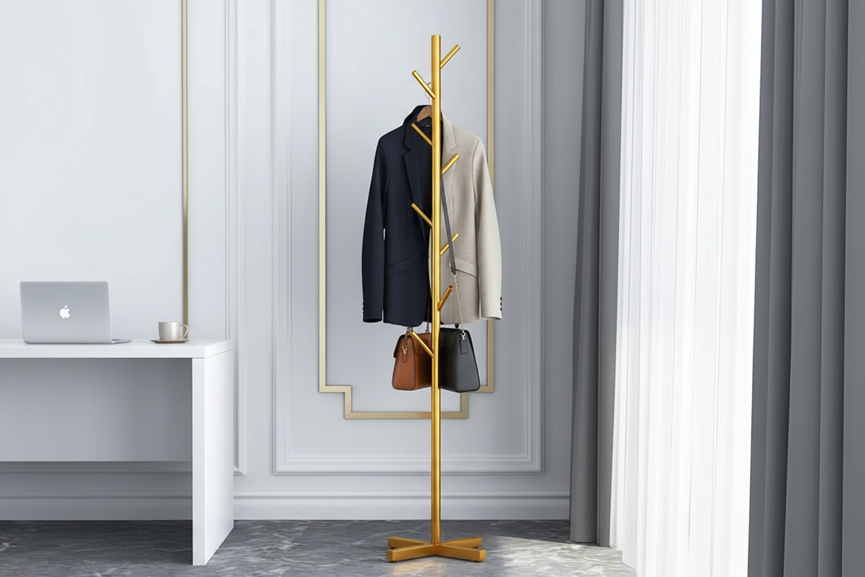 Gold coat rack in office
