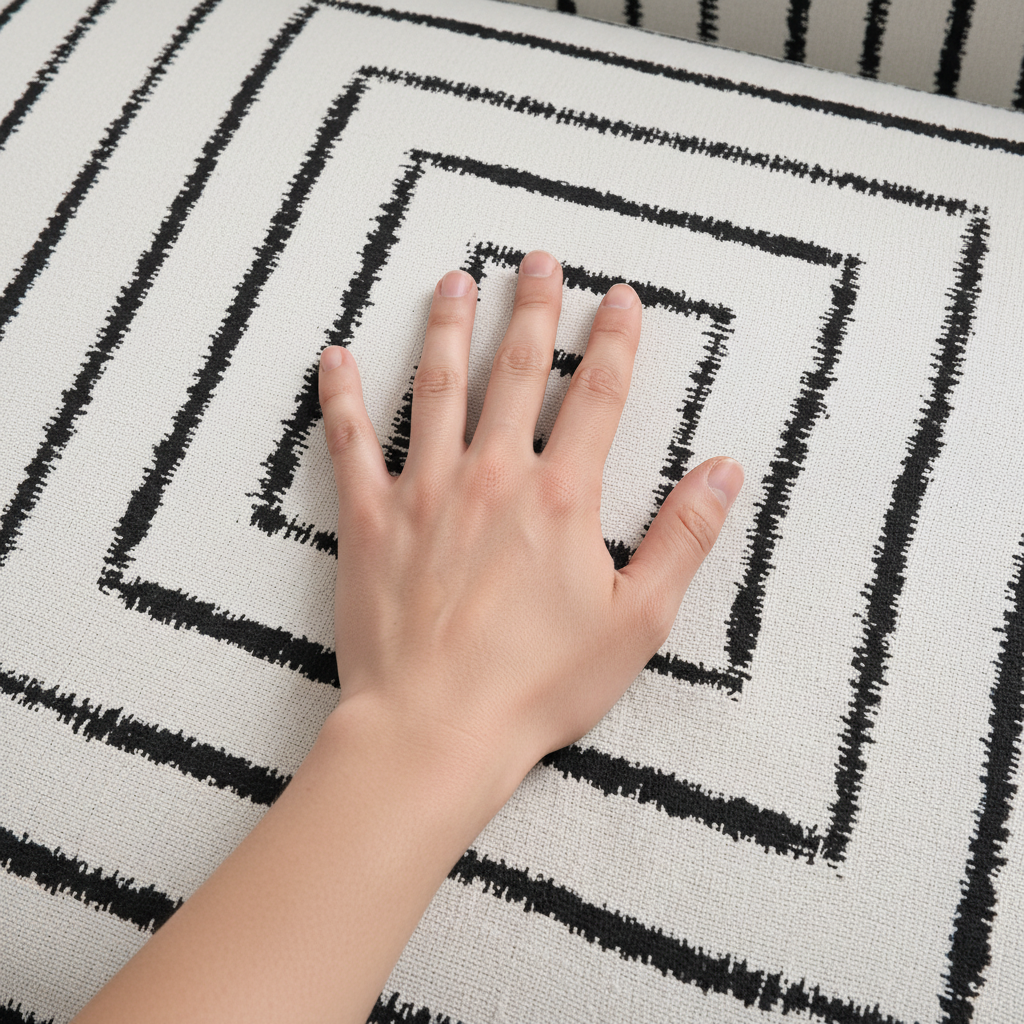 Hand on square pattern fabric overhead