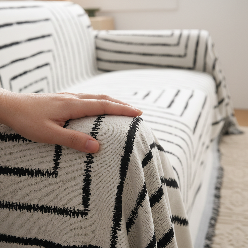 Hand touching square pattern fabric side