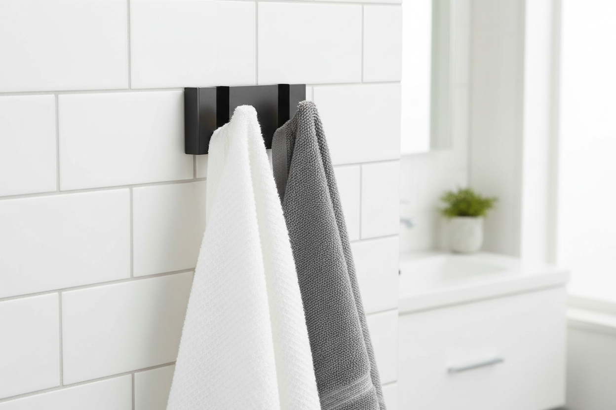 Hook rack in bathroom with towels