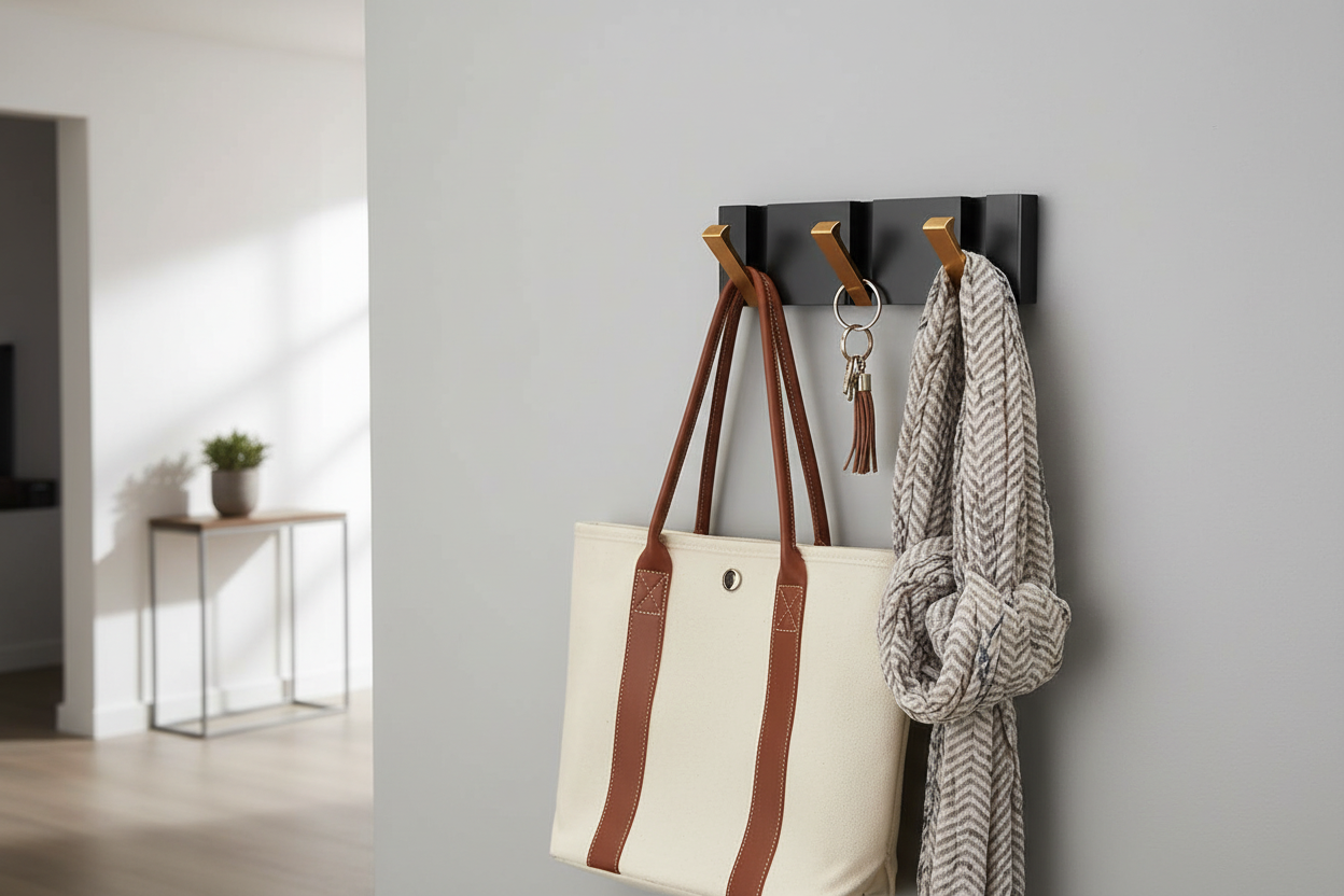 Hook rack in entryway with bag