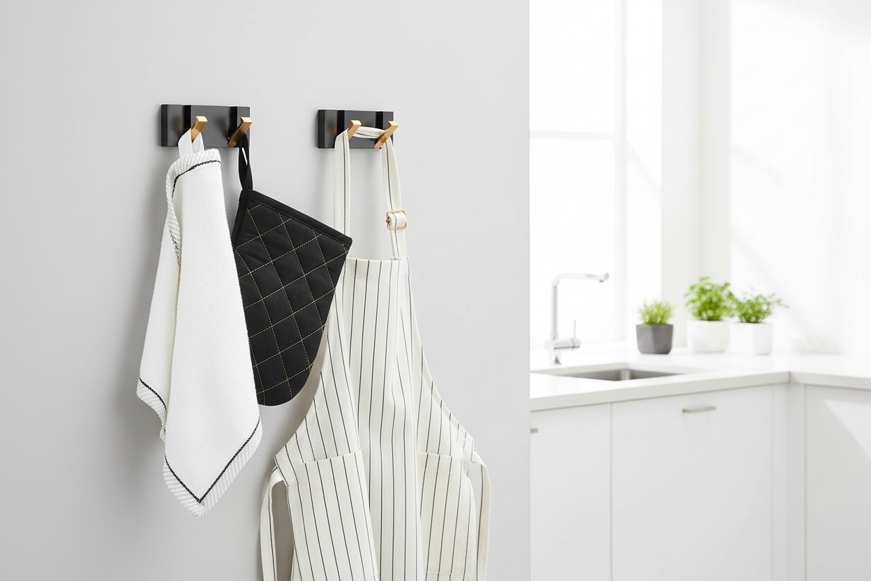 Hook rack in kitchen with towels