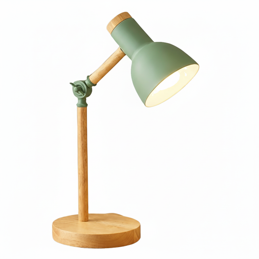 Green adjustable wooden desk lamp with articulated arm - front view on white background