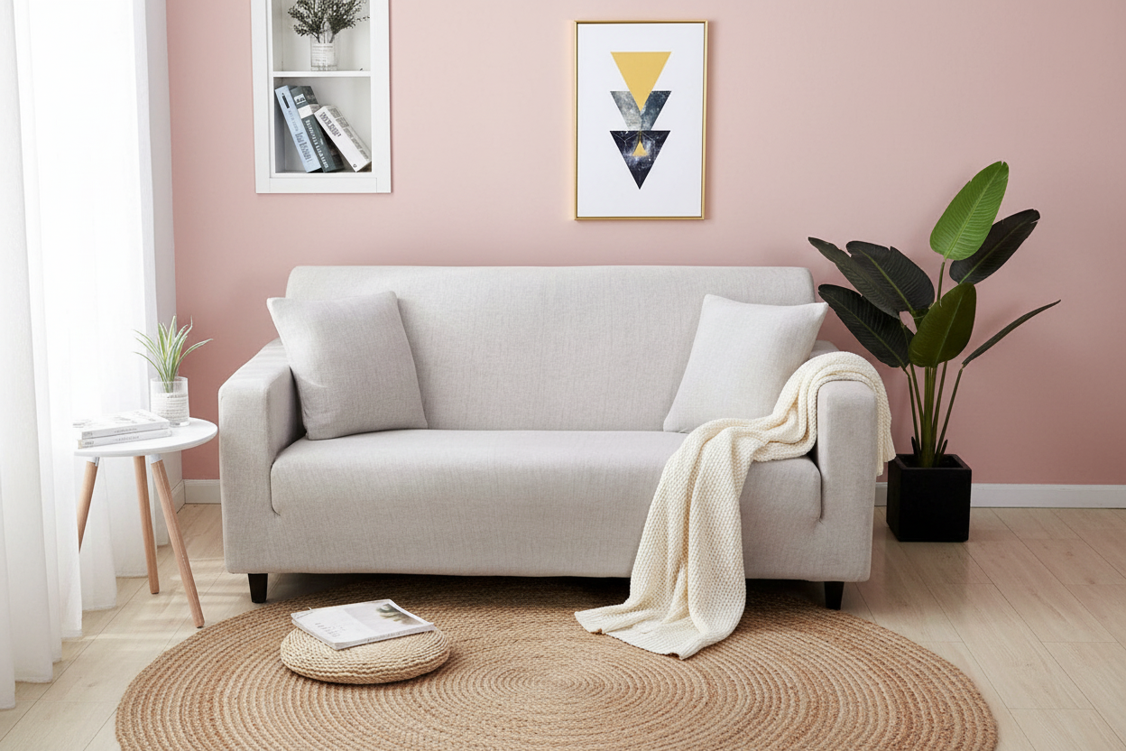 Ivory sofa in pink-walled room