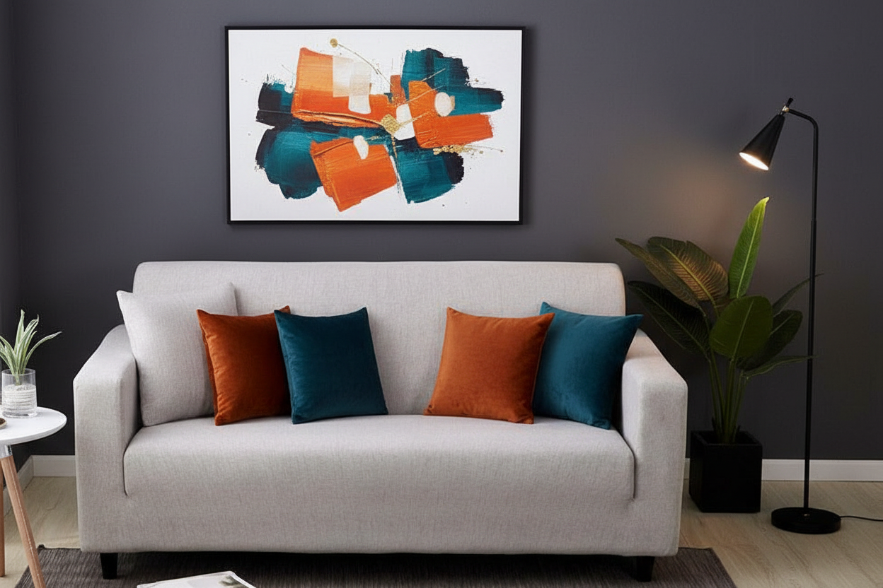 Ivory sofa with abstract art