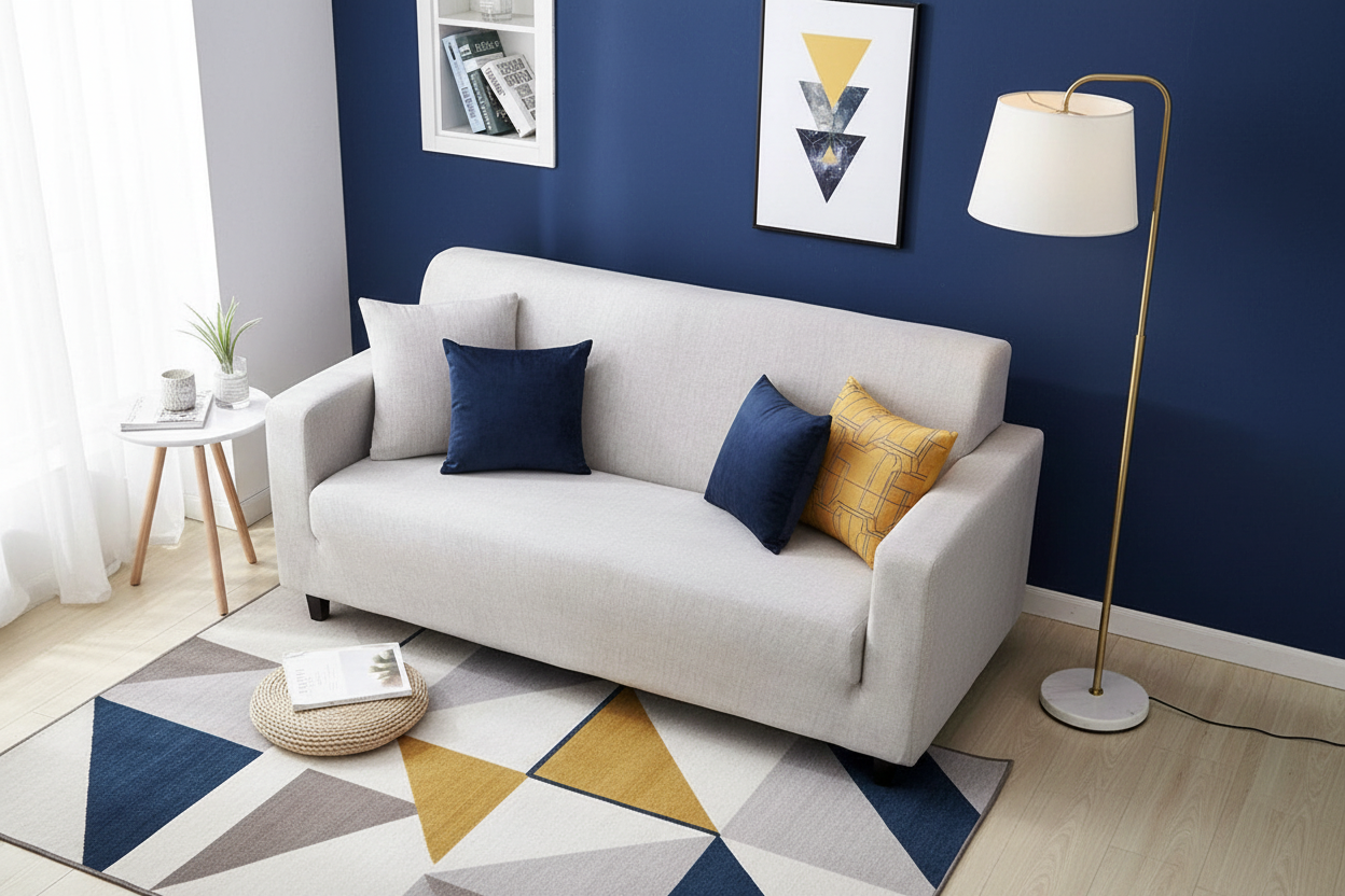 Ivory sofa with navy accent wall