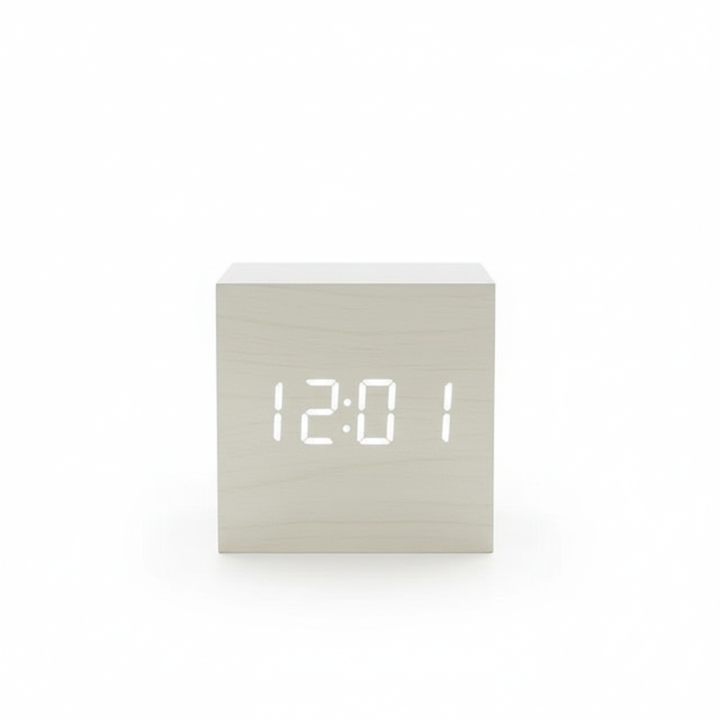 Light beige wood LED clock white background
