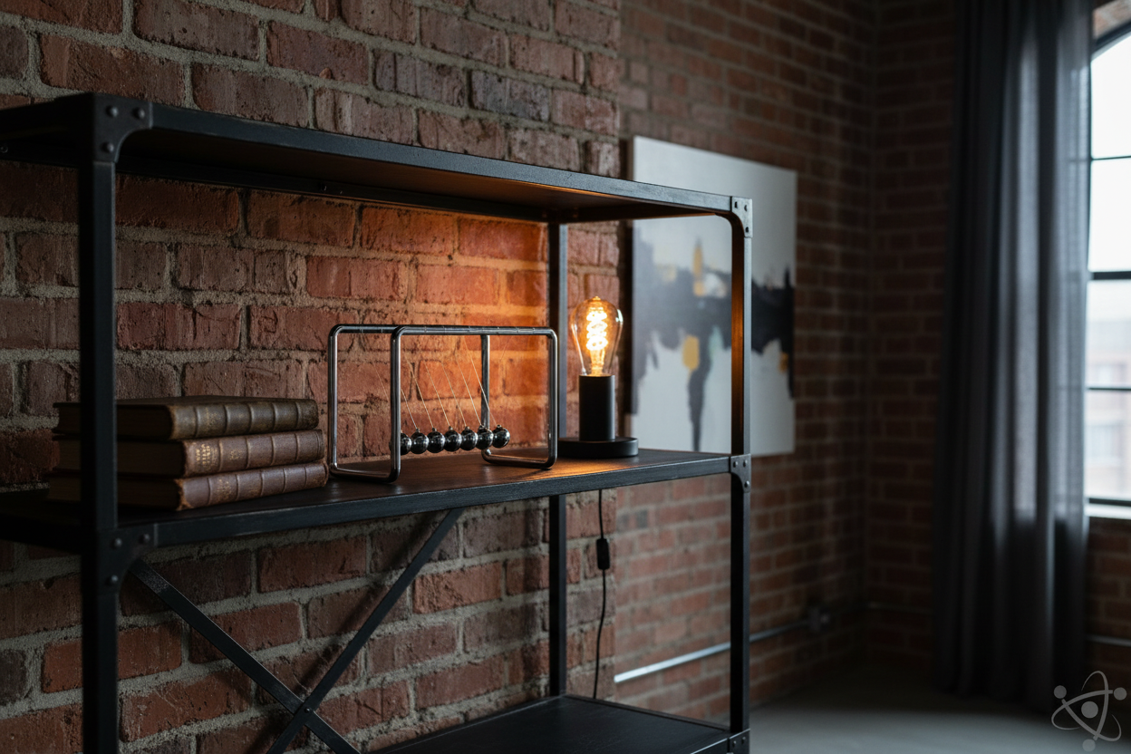 Newton's Cradle on industrial shelf
