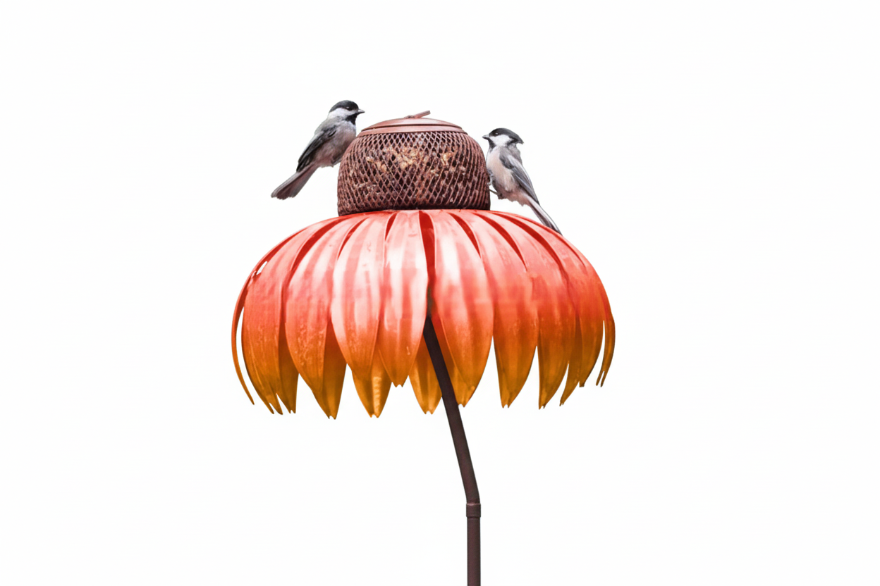 Orange bird feeder with white background