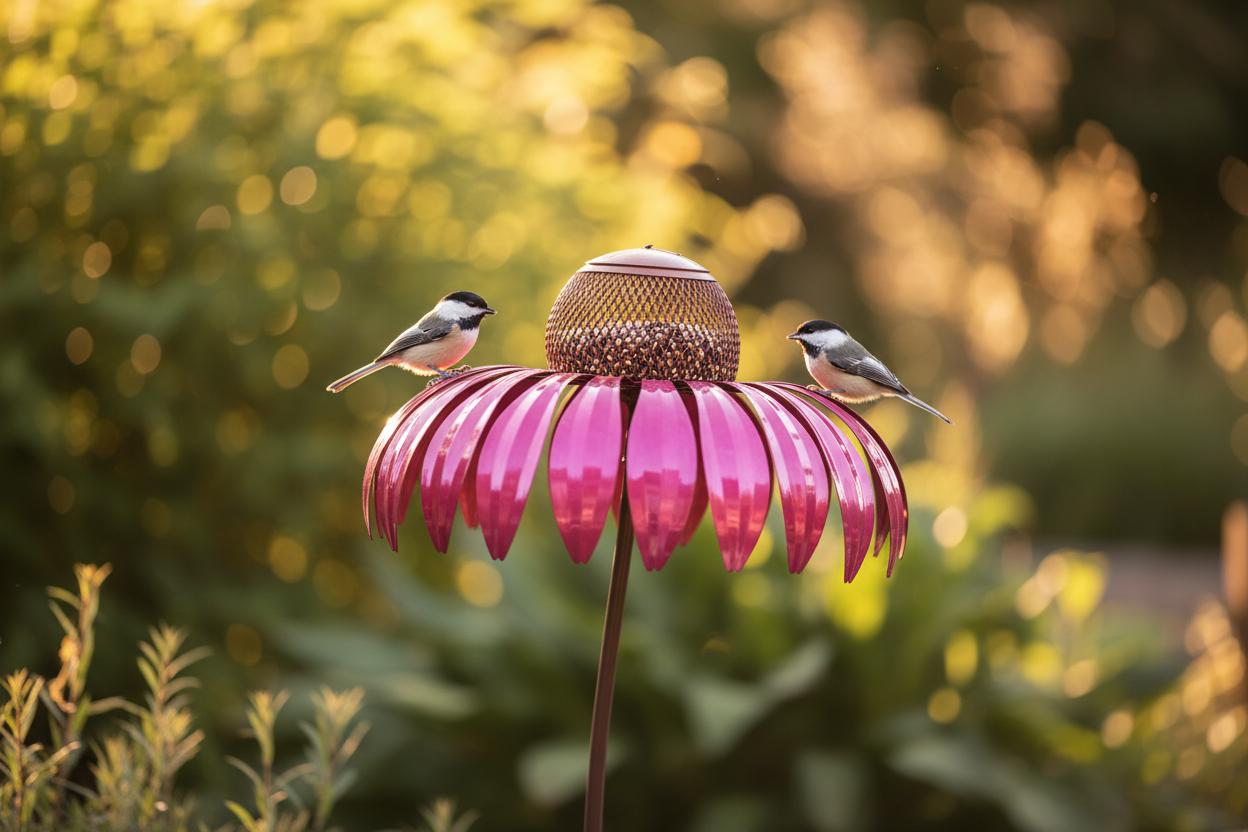 Pink bird feeder with chickadees