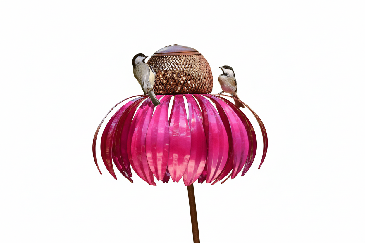 Pink bird feeder with white background