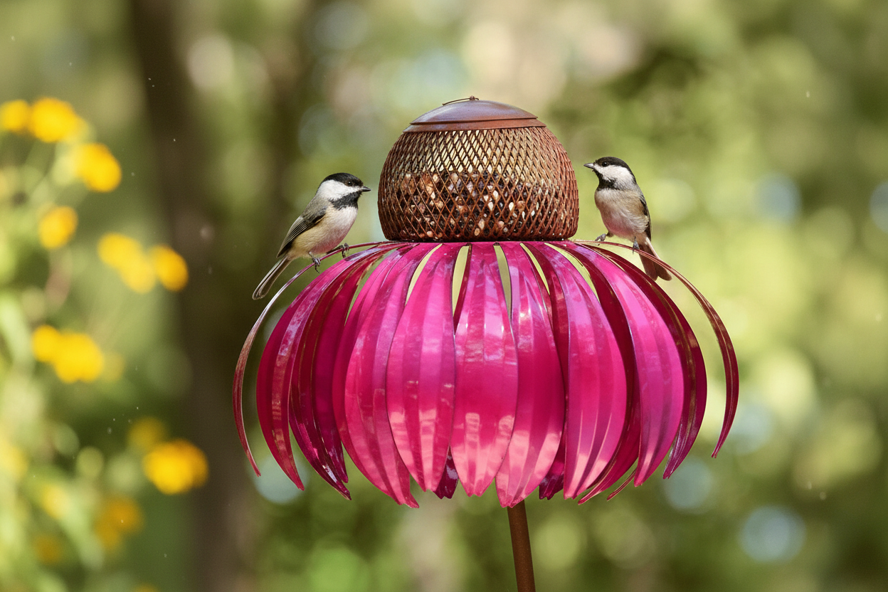 Pink feeder with birds in golden light