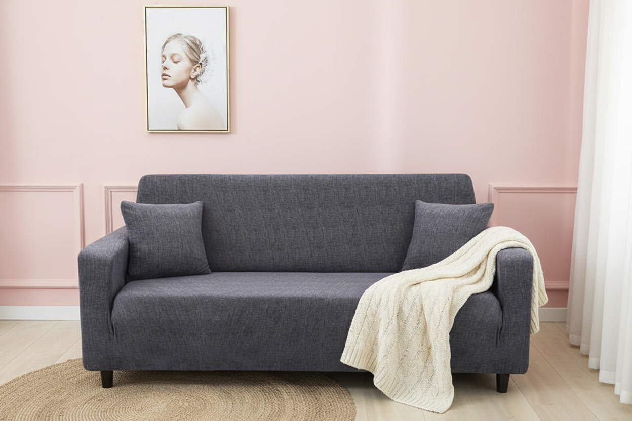 Sofa in pink-walled room