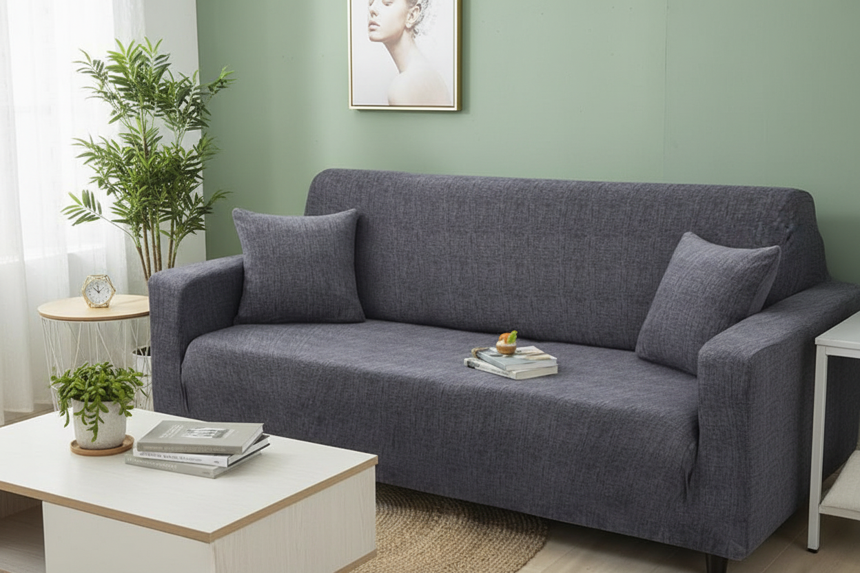 Sofa with sage green accent wall