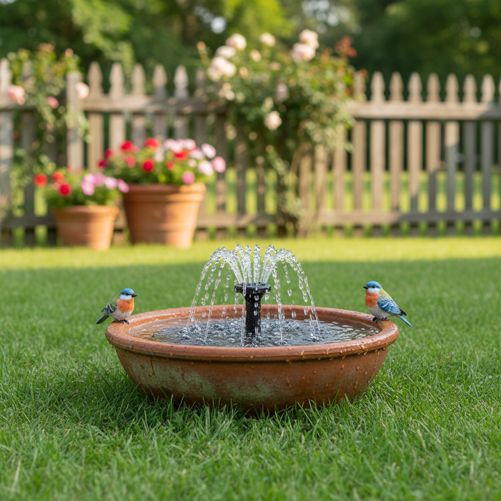 Solar fountain in bird bath