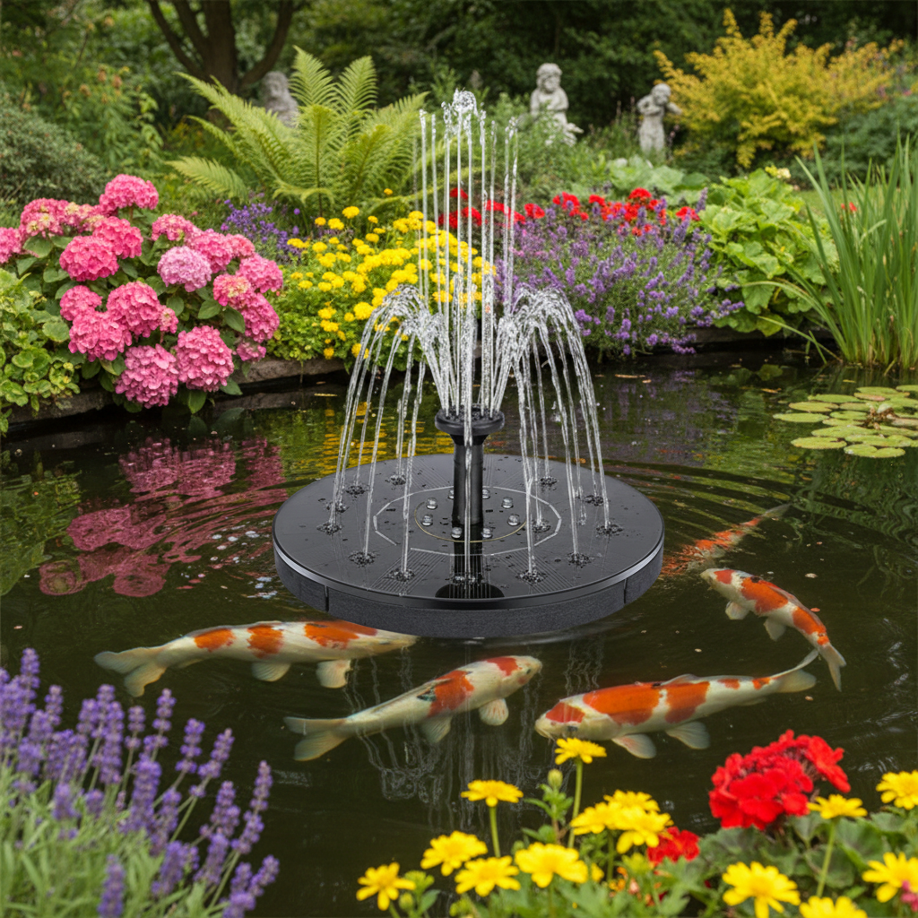 Solar fountain in koi pond