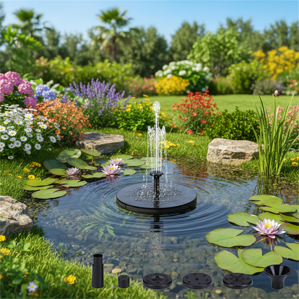 Solar fountain in pond with plants