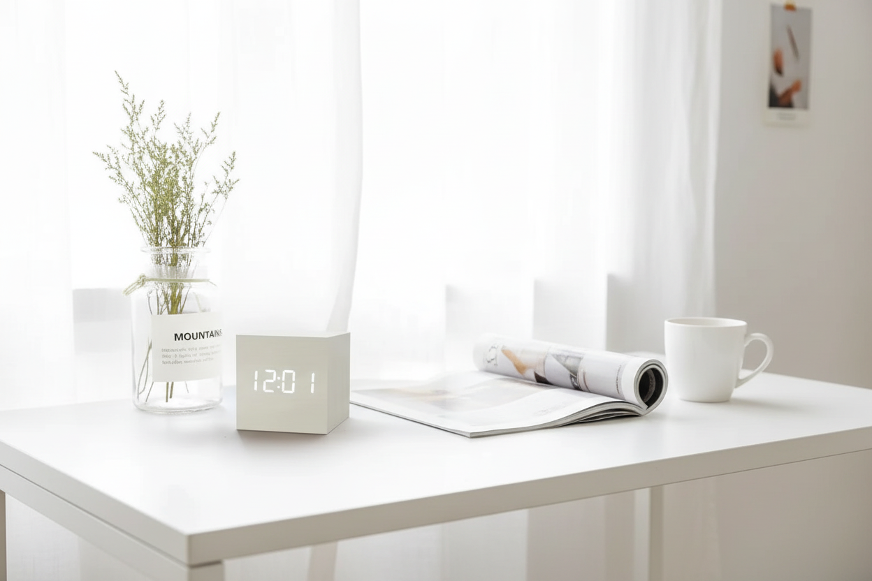 White beige clock on desk