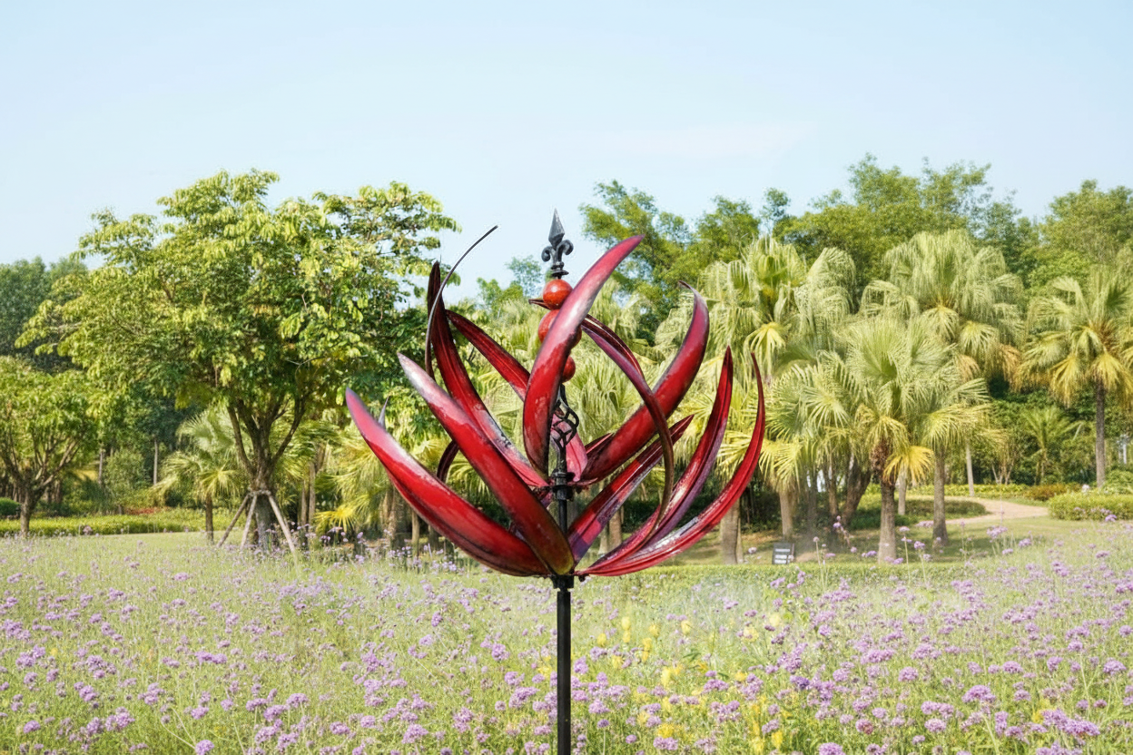Wind spinner in landscaped yard