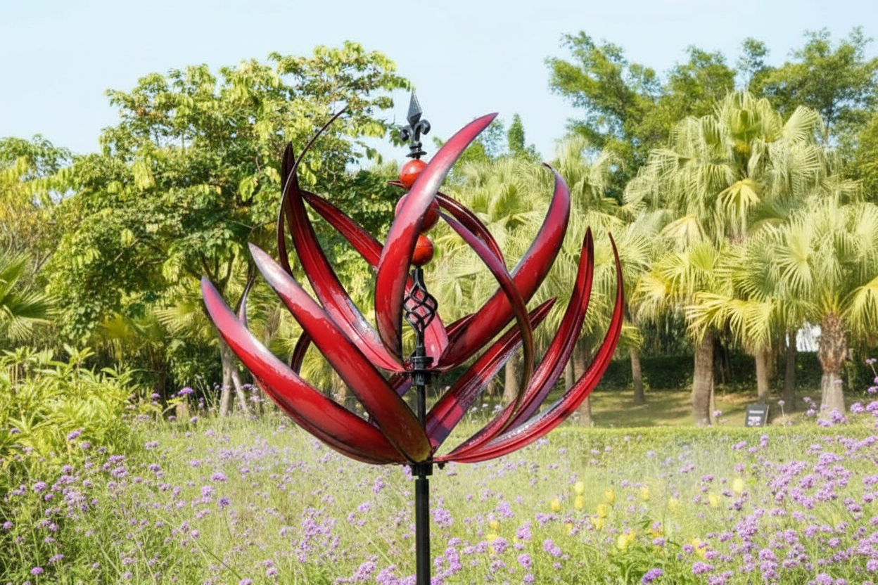 Wind spinner in lush garden