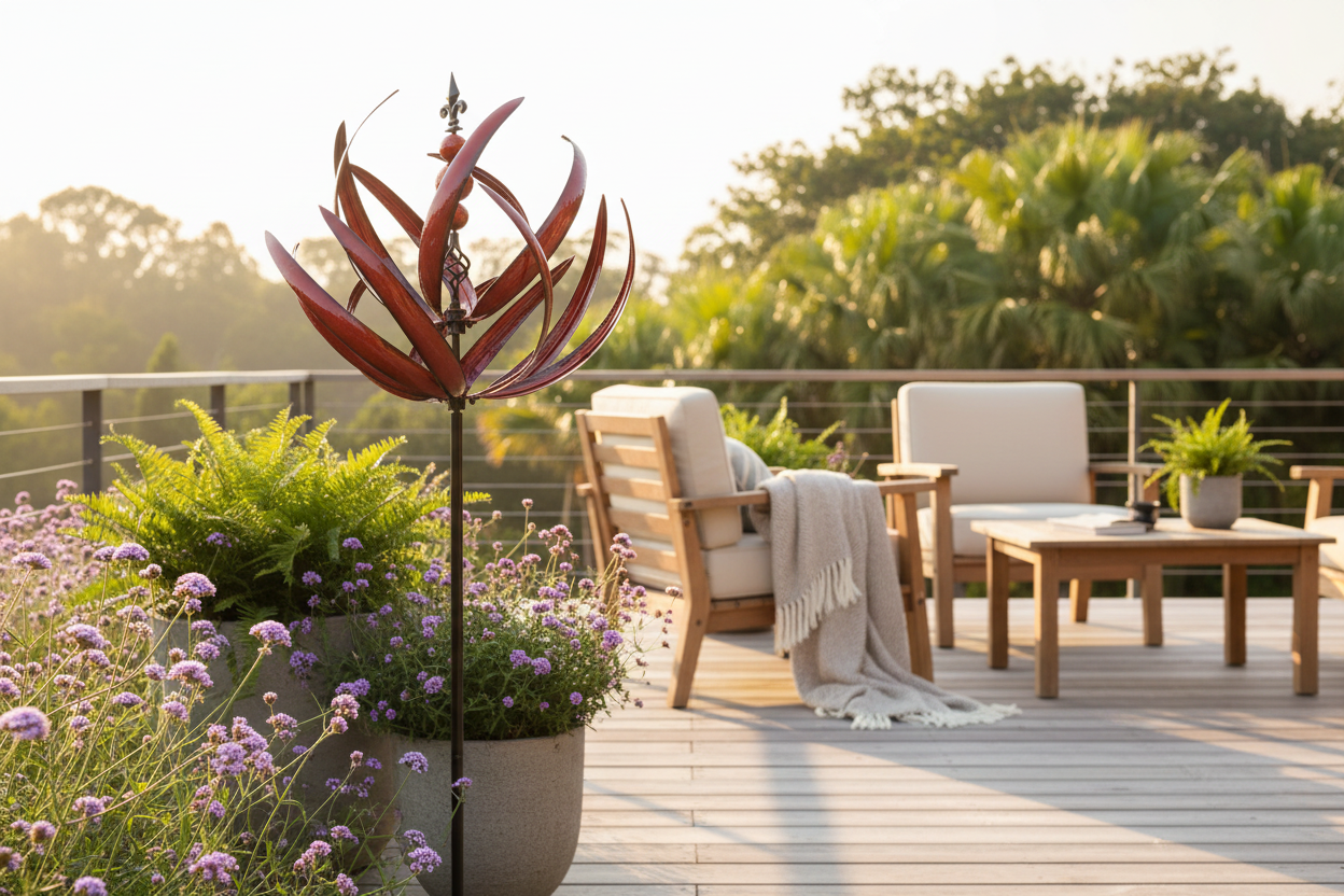 Wind spinner on modern patio
