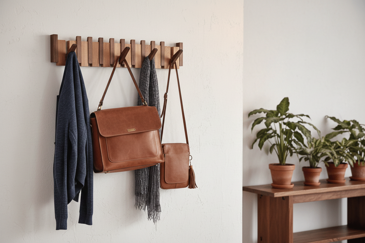 Wooden coat rack with jacket and bags