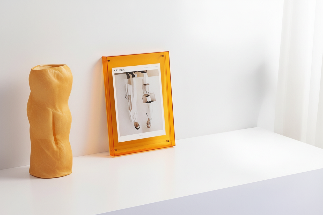 Yellow-orange frame on shelf